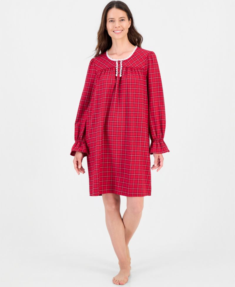 Women's Long-Sleeve Cotton-Blend Scoop-Neck Flannel Chemise
