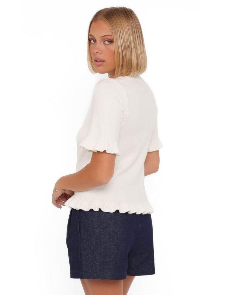 Women's Emilie Ribbed-Knit Ruffle Short-Sleeve Crewneck Sweater