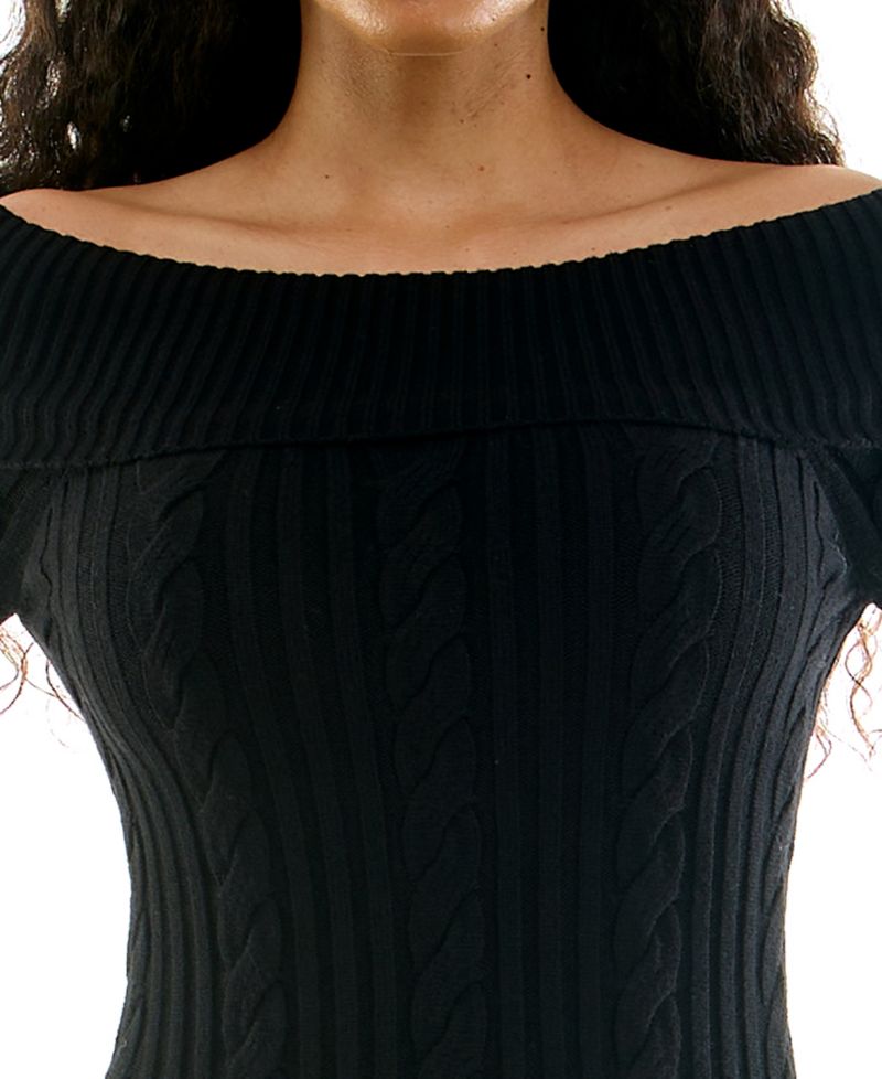 Juniors' Off-the-Shoulder Long-Sleeve Mixed-Stitch Midi Dress