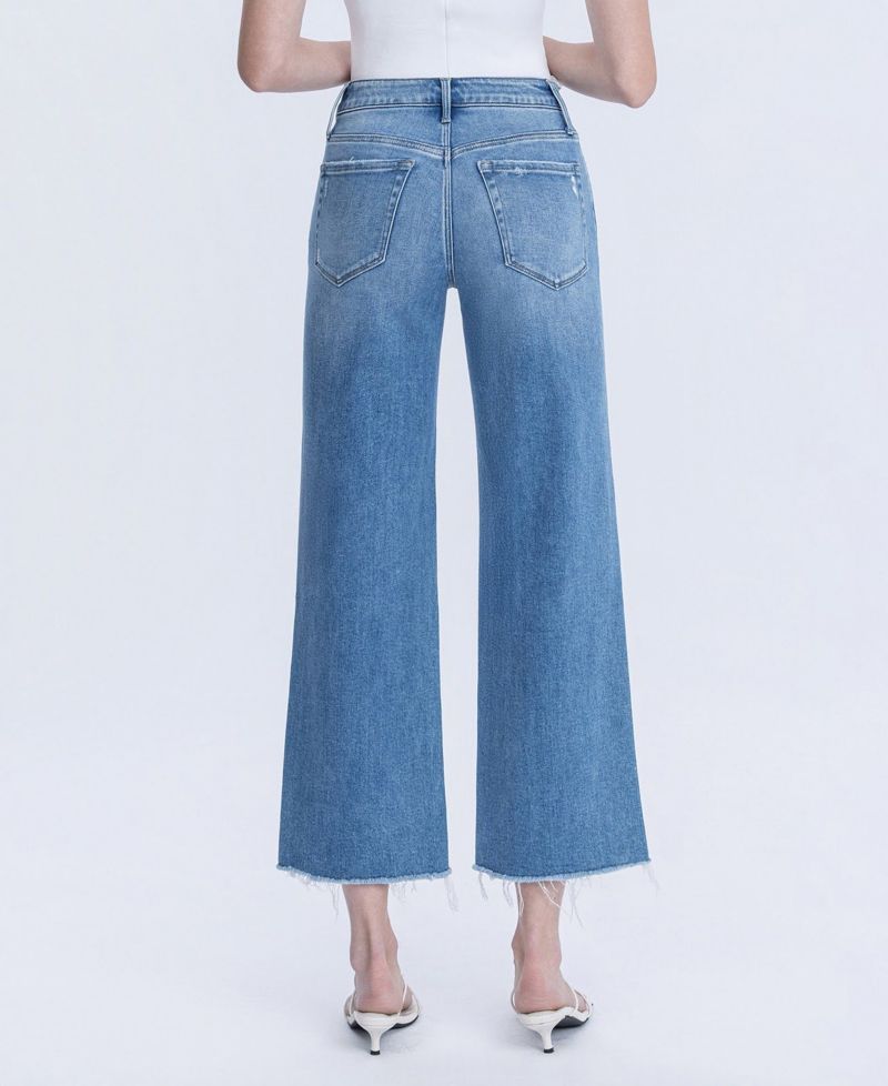 Women's High Rise Raw Hem Crop Slim Wide Leg Jeans