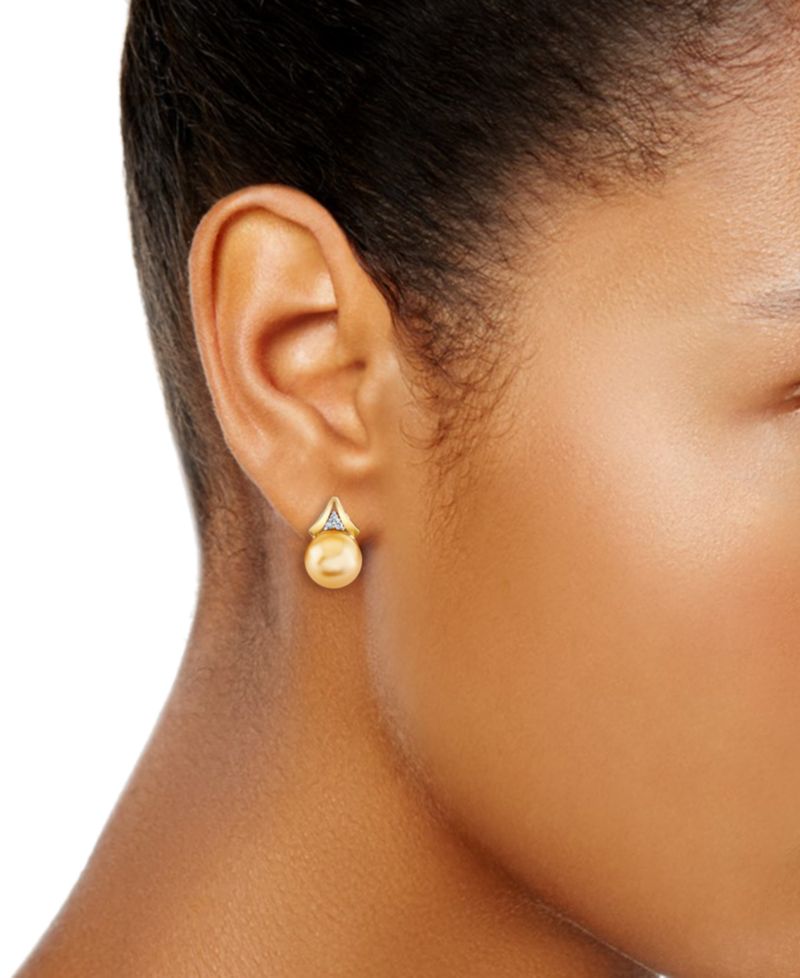 Cultured Golden South Sea Pearl (9mm) & Diamond Accent Earrings in 10k Yellow Gold