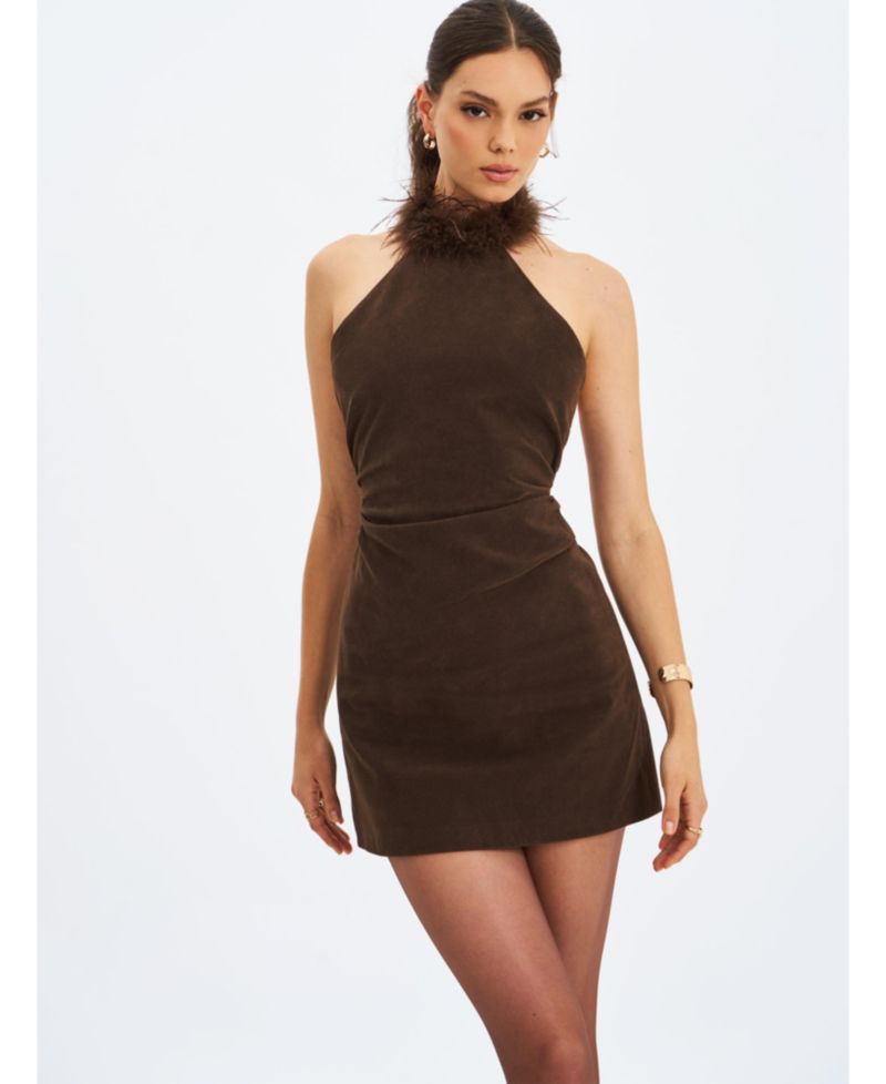 Women's Yael Espresso Suede Faux Fur Halter Mini Dress