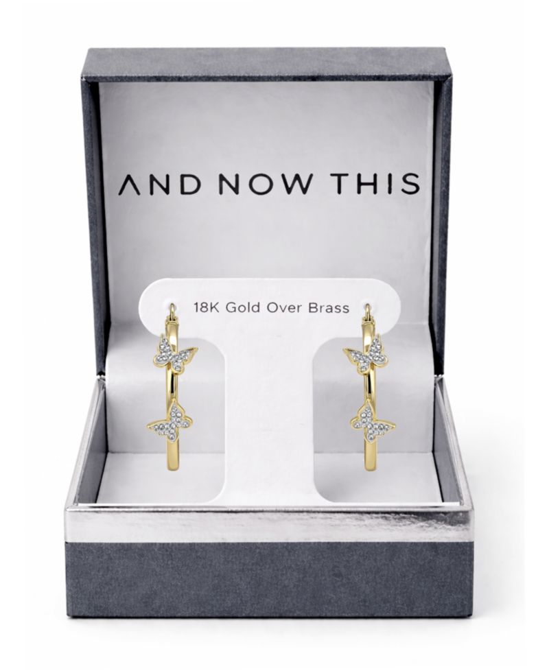 Hoop Earring with Clear Crystal Butterflies in Silver Plate or Gold Plate