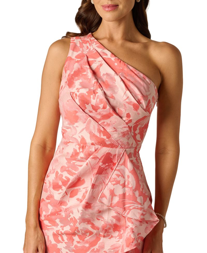 Women's One-Shoulder Floral Jacquard Draped Gown