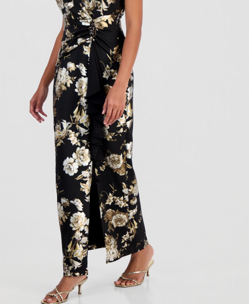 Women's Floral-Print Ruffle V-Neck Dress