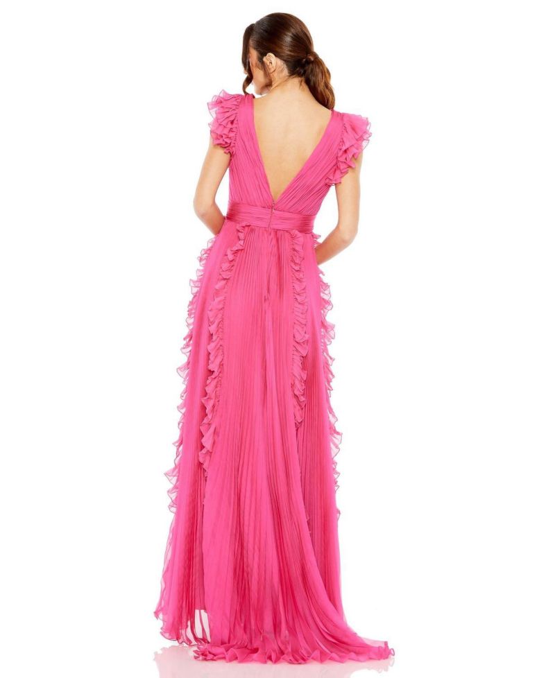 Women's Pleated Ruffle Cap Sleeve Flowy A Line Gown