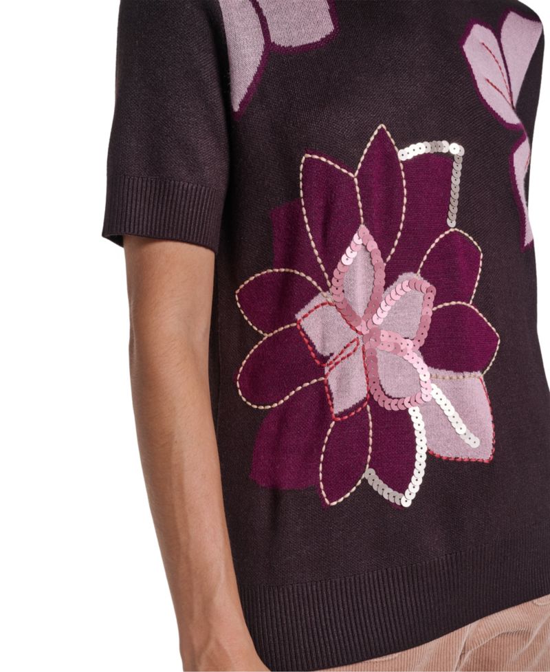 Petite Floral-Print Short-Sleeve Embellished Sweater