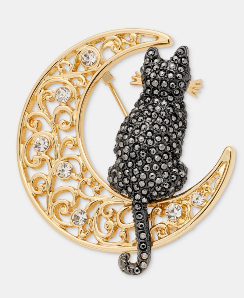 Pav&eacute; Cat Filigree Moon Pin