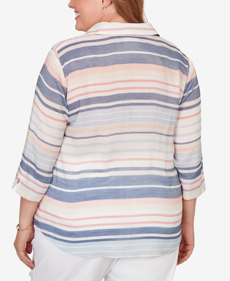Plus Size Port Side Textured Stripe Button-Front Top