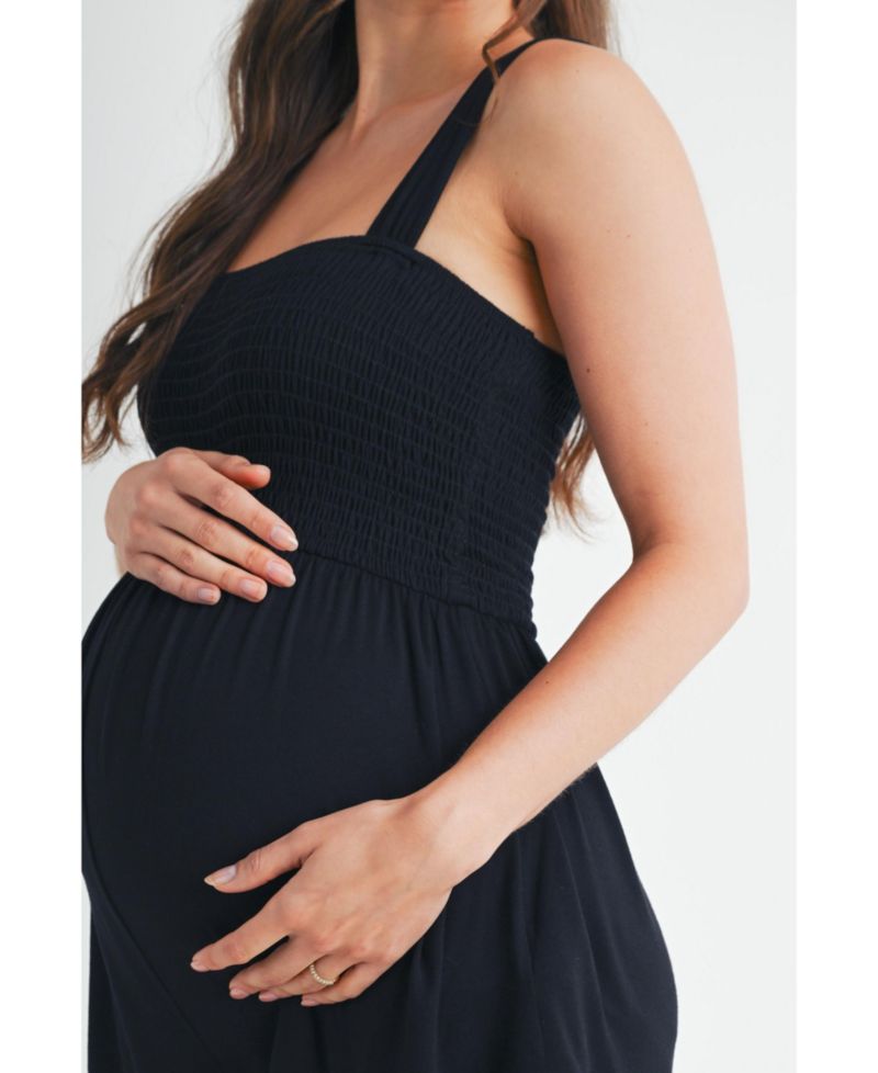 Maternity Smocked Square Neck Sleeveless Romper with Wide Straps
