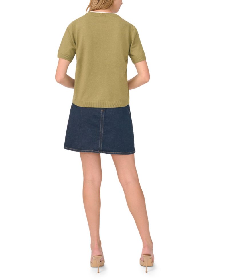 Women's Contrast-Neck Short-Sleeve Sweater