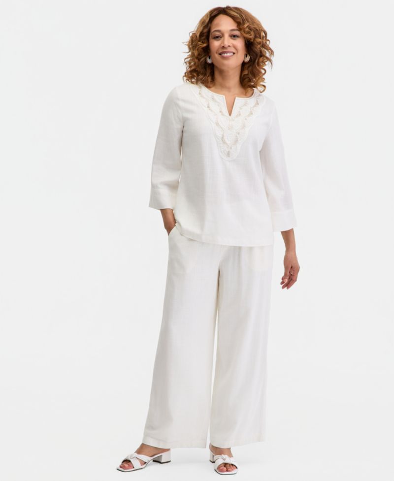 Women's Split-Neck Beaded Linen-Blend 3/4-Sleeve Top