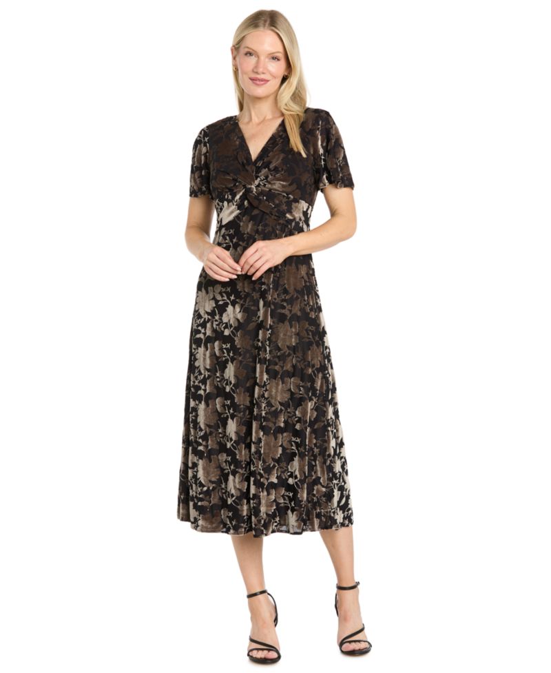 Women's Velvet Floral V-Neck Midi Dress