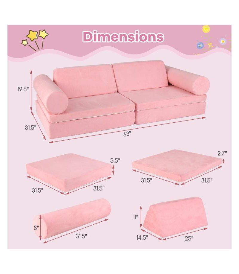 Modular 8-Piece Foam Play Couch for Kids with Plush Suede Covers – Perfect for Creative Play and Lounging