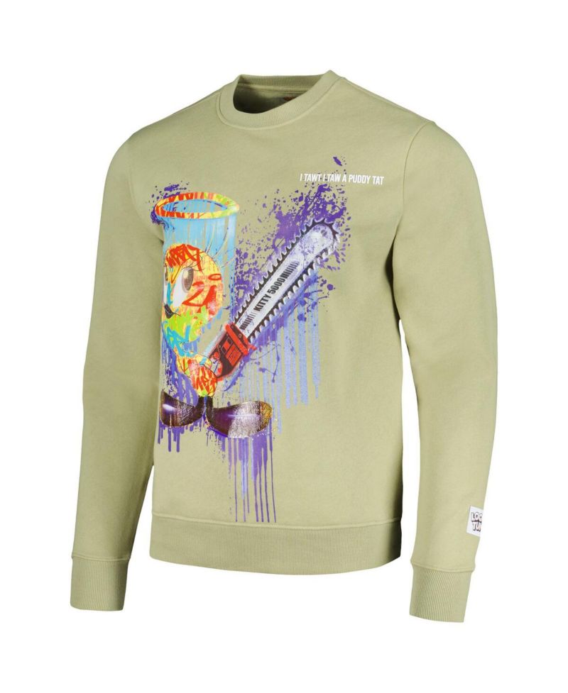 Men's and Women's Olive Looney Tunes Tweety Bird Splatter Horror Pullover Sweatshirt