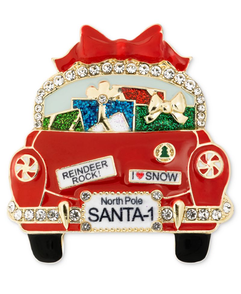 Gold-Tone Crystal & Glitter Gift Car Pin