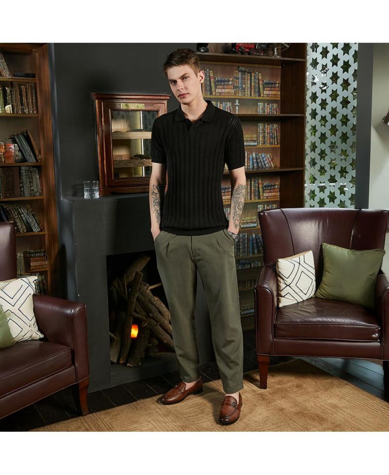 Men's Obsidian Black Stripe-Textured Polo T-Shirt