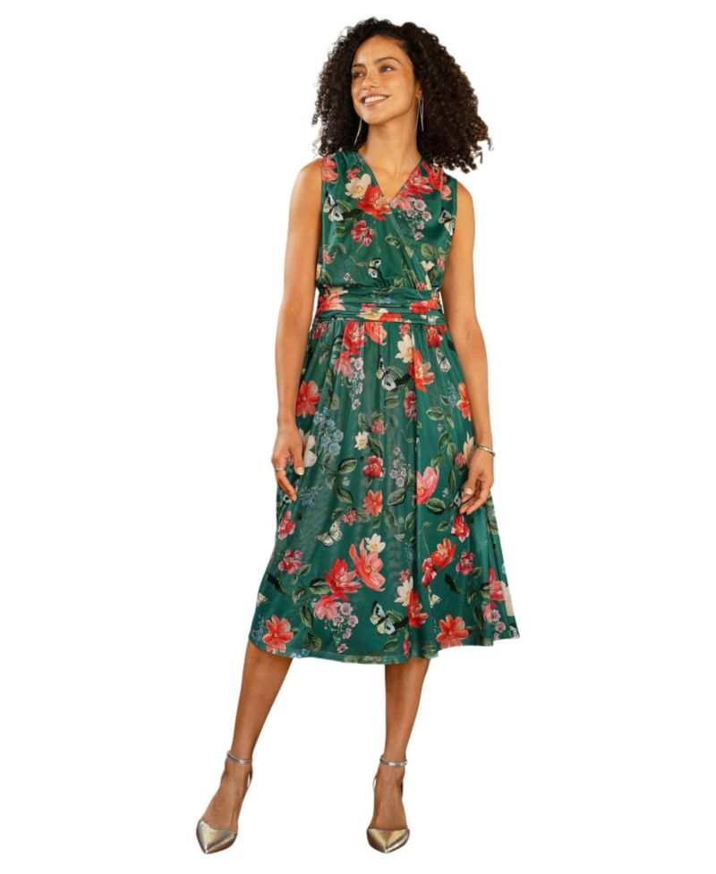 Women's Floral Print Mesh Stretch Midi Dress