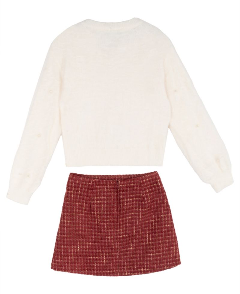 Girls' 7-12 Eyelash-Knit Imitation Pearl Detail Balloon-Sleeve Cardigan and Skort, 2-Piece Set