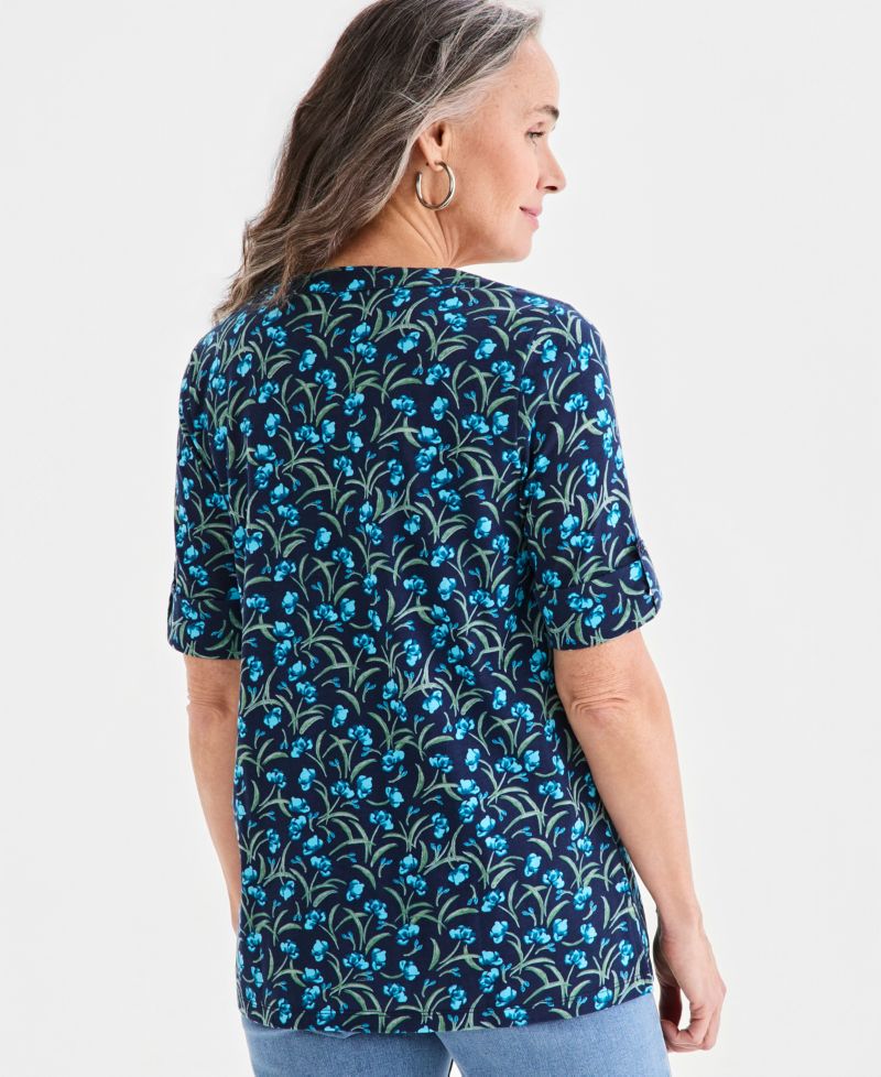 Women's Printed Split-Neck Elbow-Sleeve Tunic