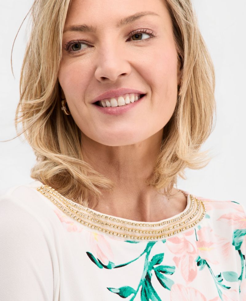Women's Printed Embellished 3/4-Sleeve Boat-Neck Top