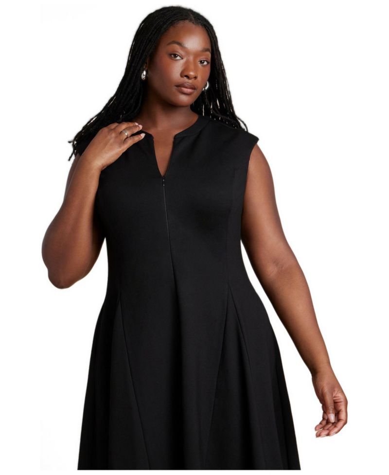 Plus Size V-Neck Notch-Seam Detail Ponte Maxi Dress