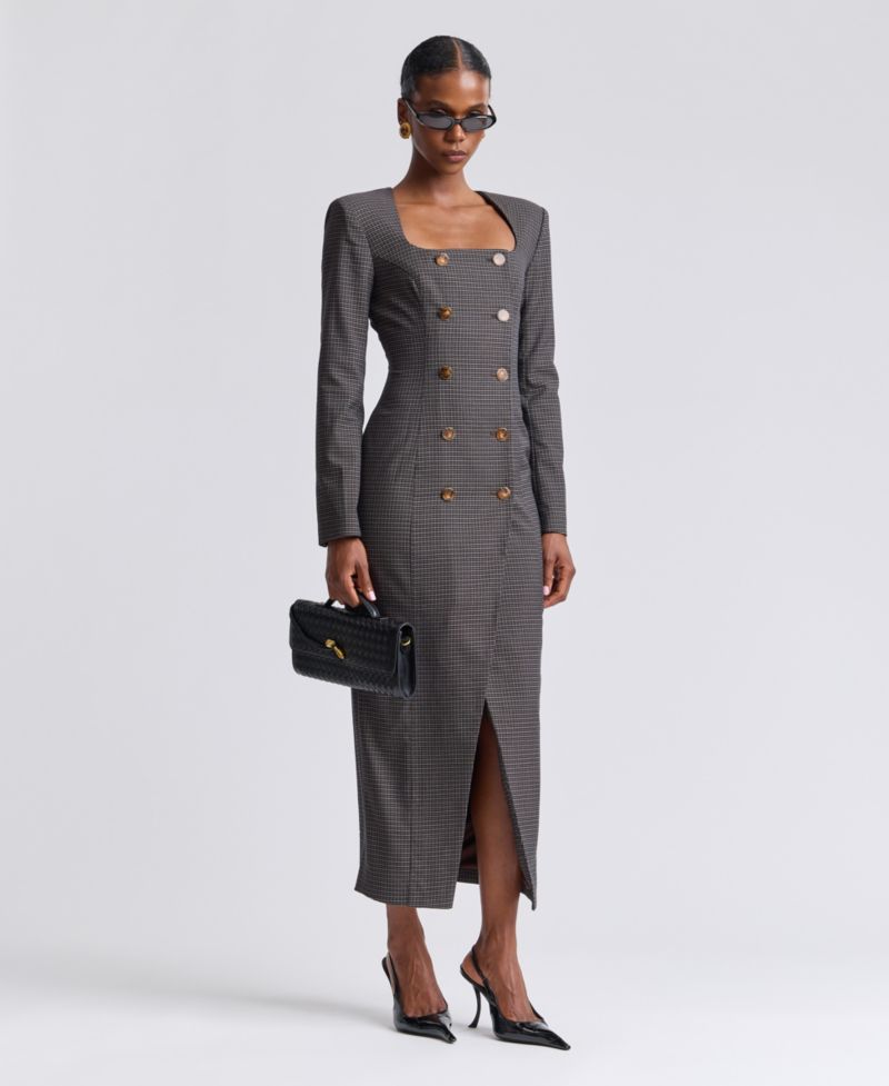 Women's Plaid Long-Sleeve Double-Breasted Midi Dress