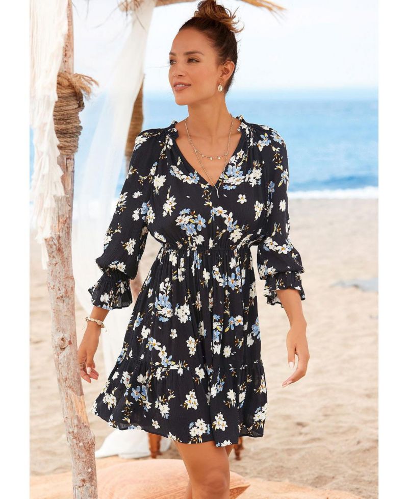 Women's Viscose Printed Ruffle 3/4 Sleeve Lace Elastic-Waist Short Dress