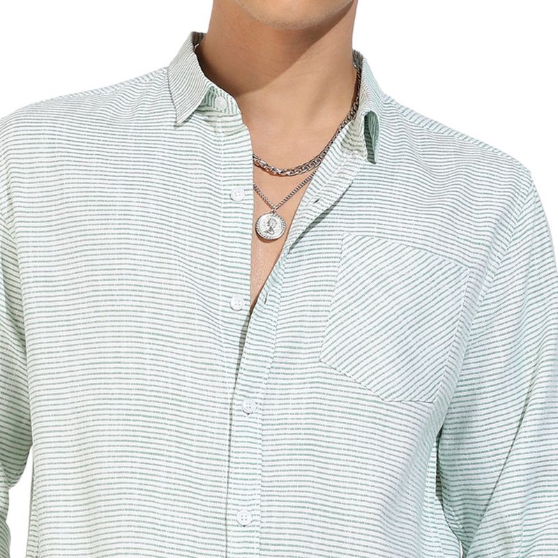 Men's White and Green Horizontal Chalk Striped Shirt