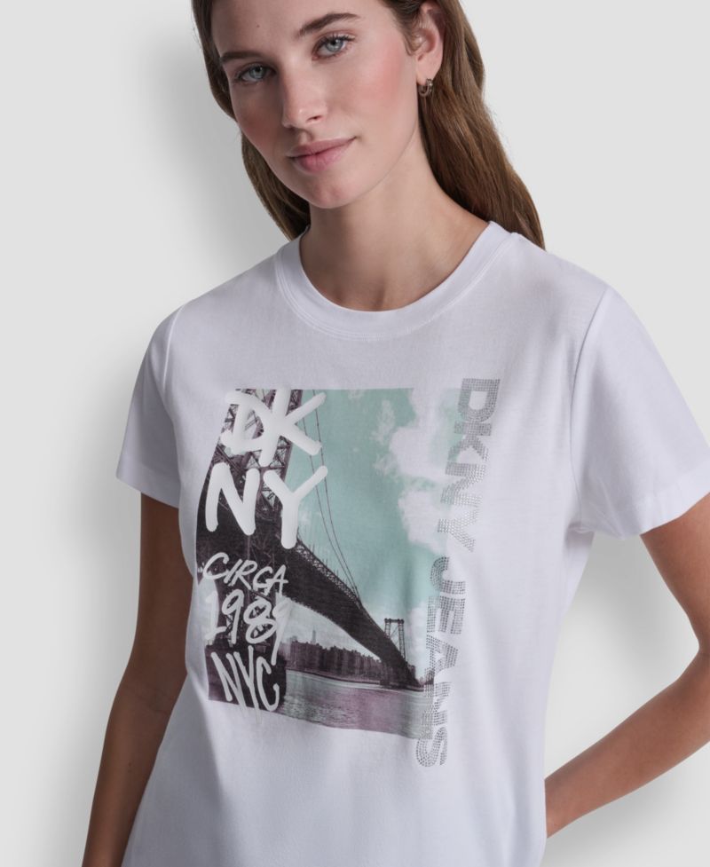 Women's Rhinestone Graffiti Logo Crew Neck T-Shirt