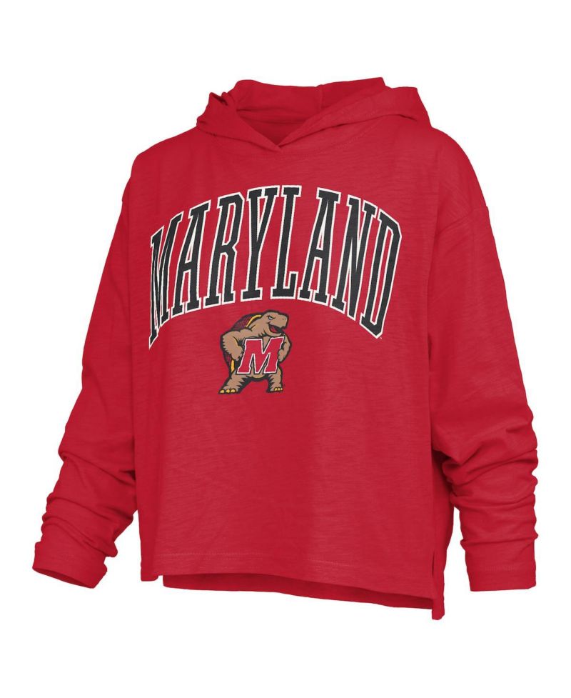 Women's Red Maryland Terrapins Nelson Arch Over Logo Long Sleeve Hooded Slub T-Shirt