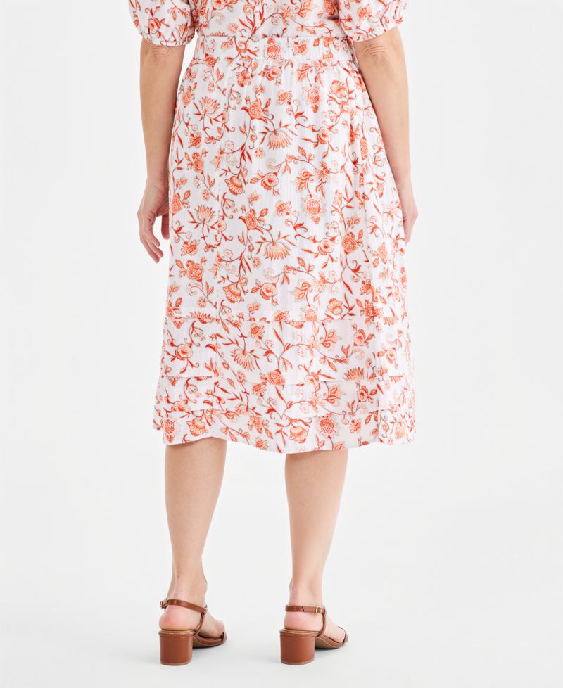 Women's Printed Cotton Gauze Pull-On Midi Skirt