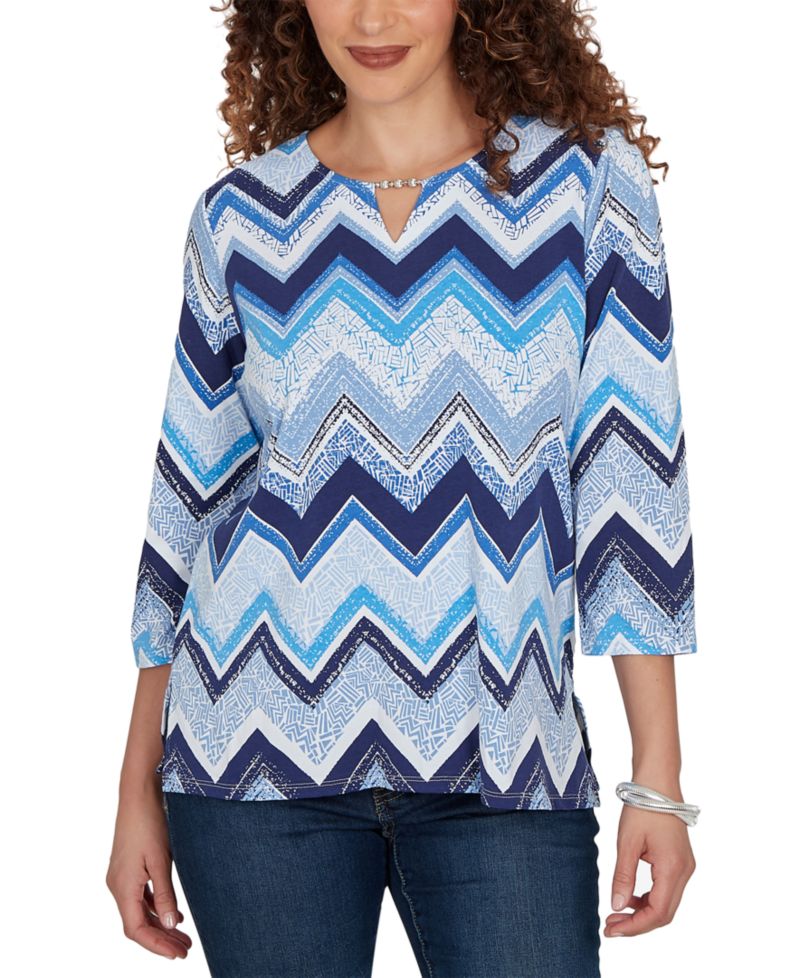 Petite Chevron Blues Split Neck Top