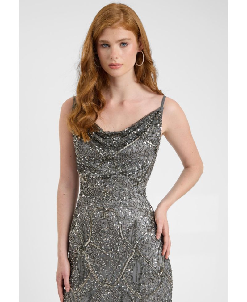 Women's Embellished Sequin Beaded Maxi Dress With Cowl Neck