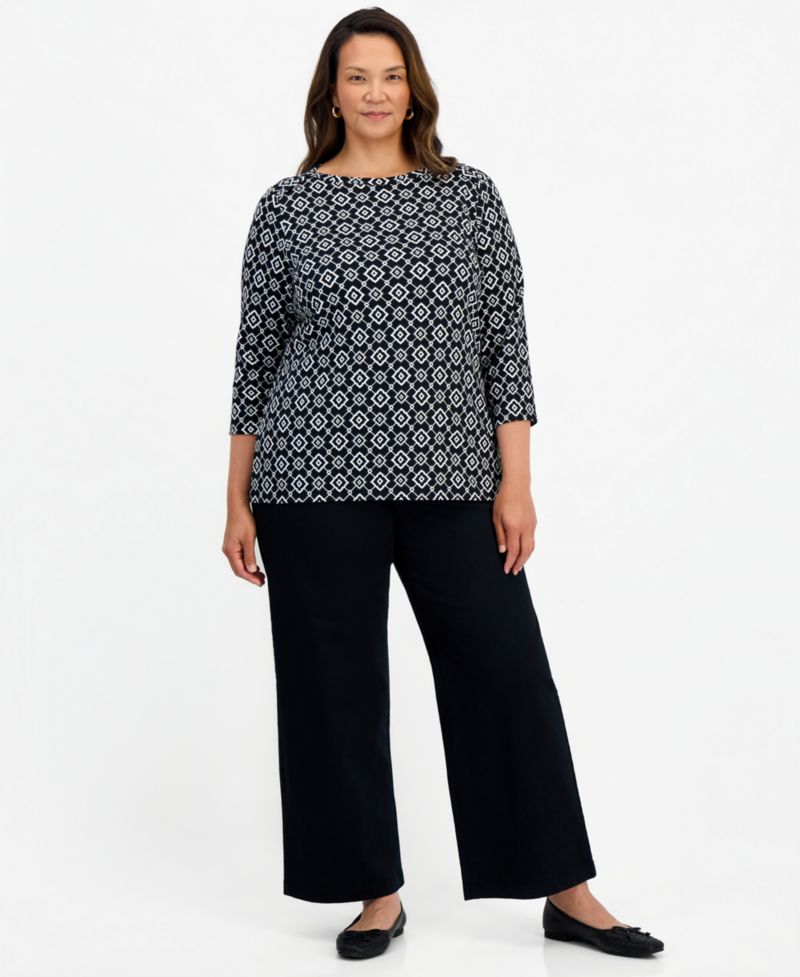 Petite Printed Pima Cotton 3/4-Sleeve Boat Neck Top