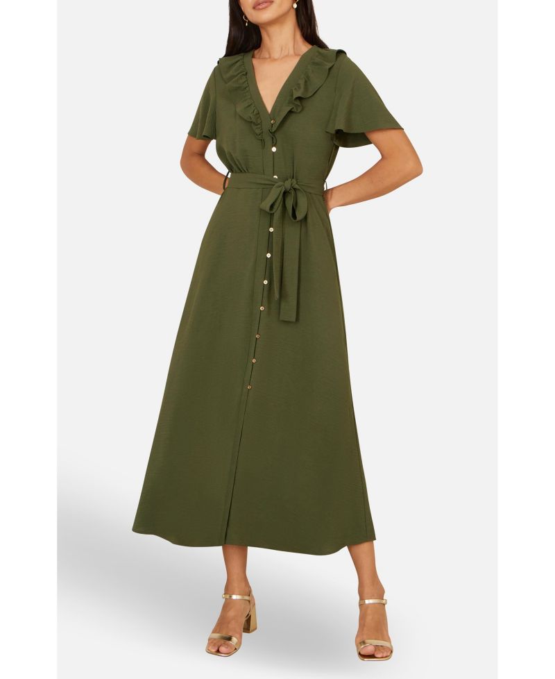 Women's Ruffle Collar Midi Shirt Dress