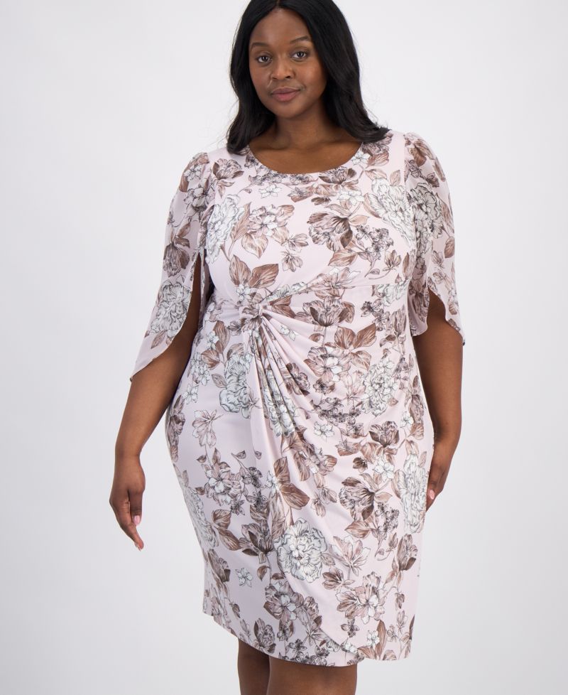 Plus Size Printed Cape-Sleeve Sarong Dress