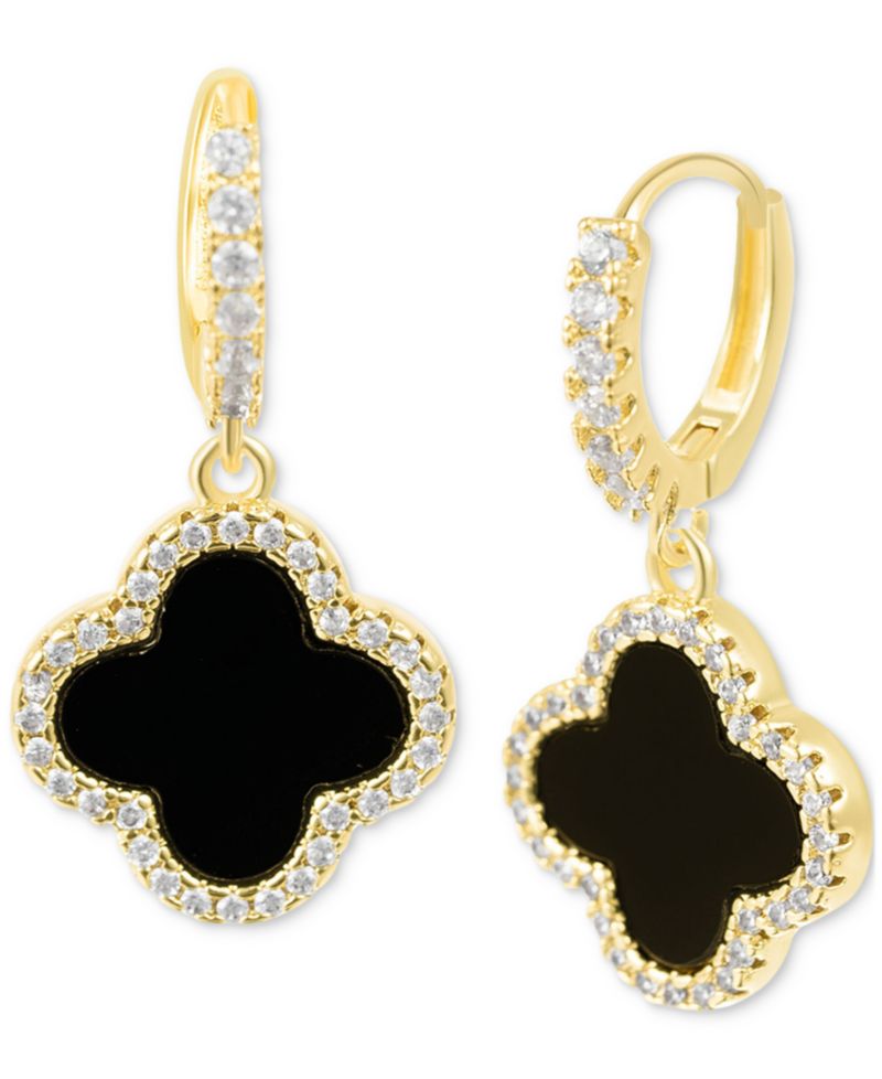 Gold Crystal Halo Colored Clover Dangle Huggie Earrings