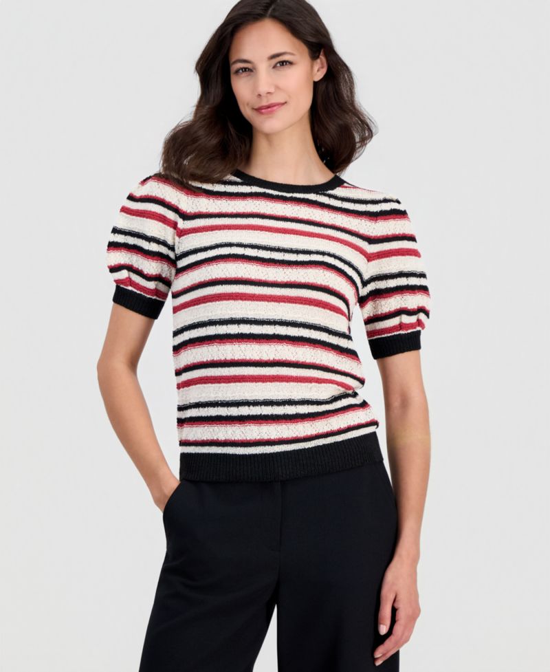 Women's Striped Puff-Sleeve Pointelle-Knit Top