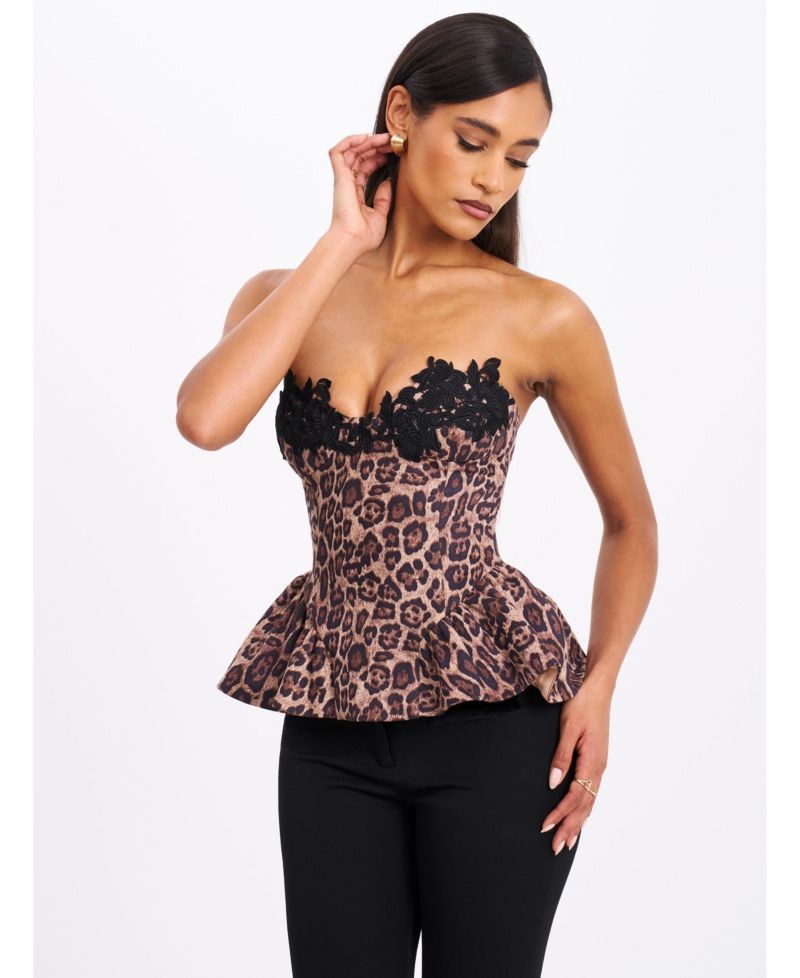 Women's Qiara Cheetah Print Peplum Top with Lace Trim