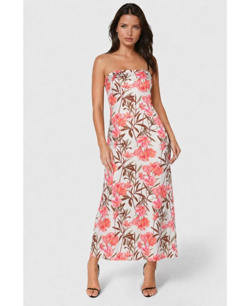 Women's Printed Satin Strapless Maxi Dress