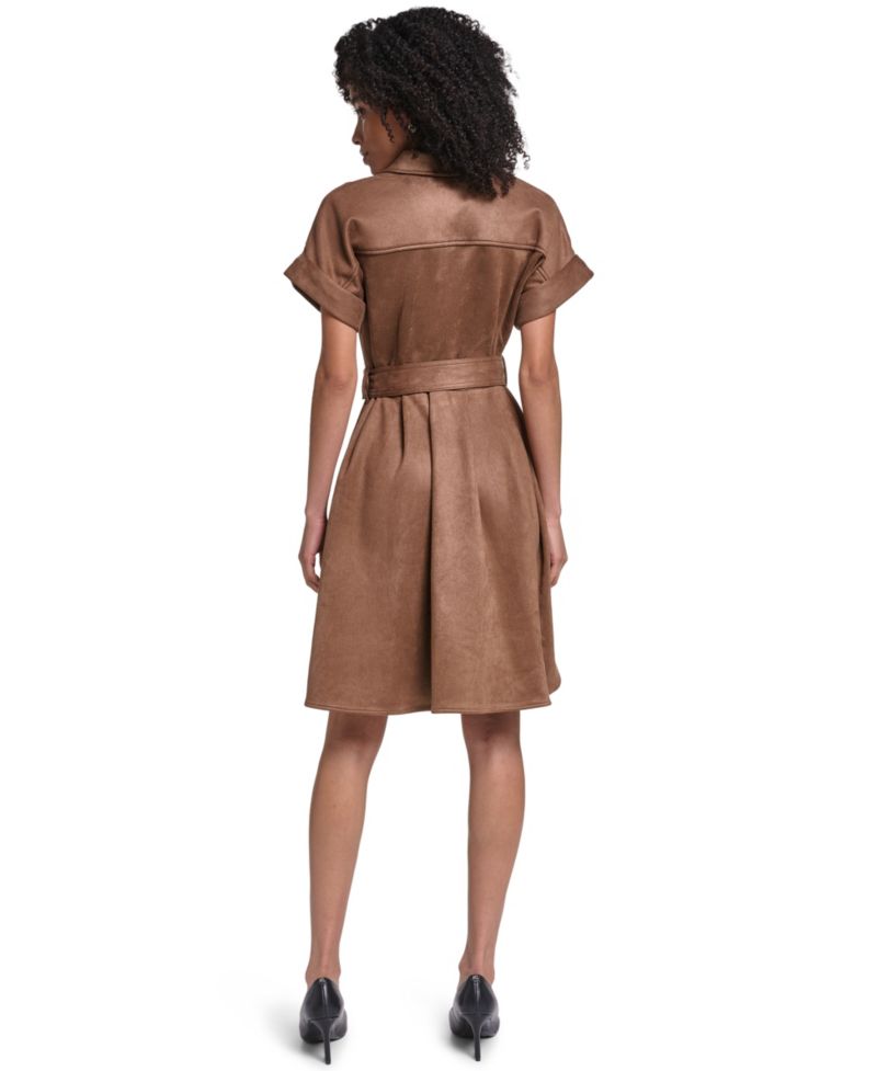 Women's Faux Suede Belted Shirtdress