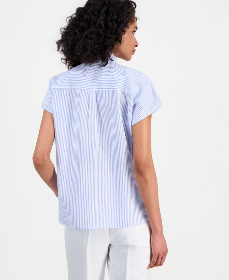 Petite Striped Ruffled-Neck Button-Front Blouse