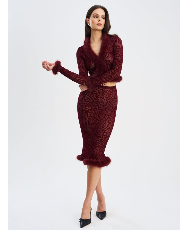 Women's Hali Burgundy Animal Print Burnout Velvet Fur Trim Top
