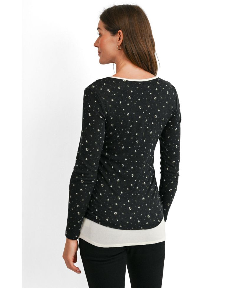 Maternity Floral-Print Scoop Neck Fitted Long-Sleeve Top