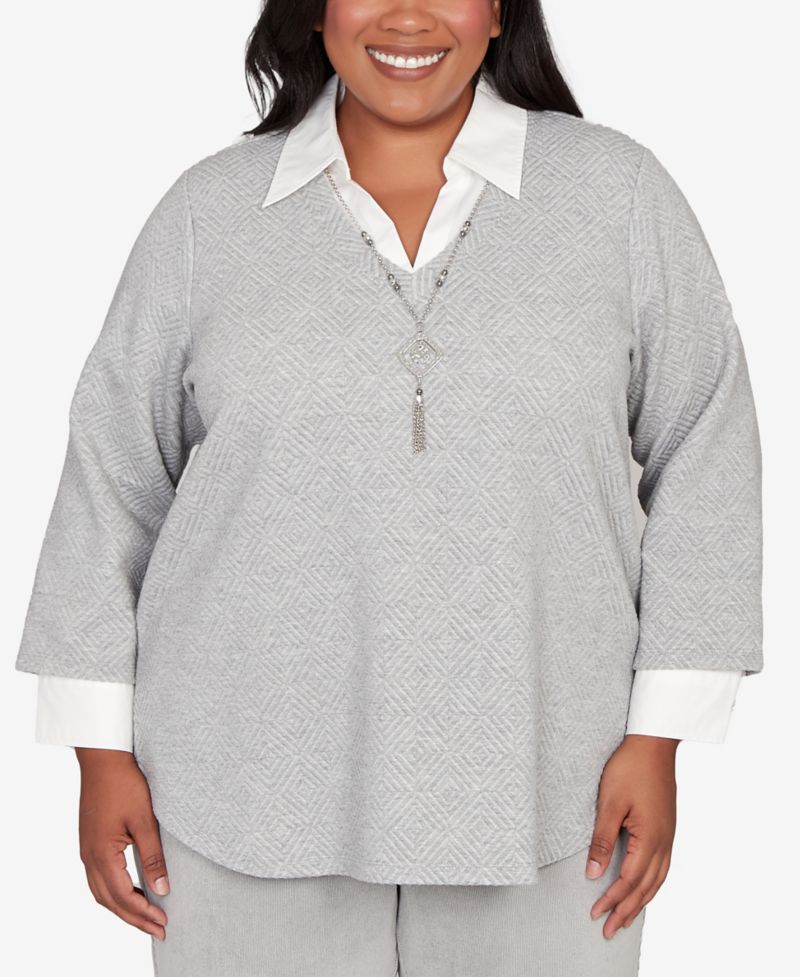 Plus Size Stockbridge Diamond Jacquard Two In One Top With Necklace