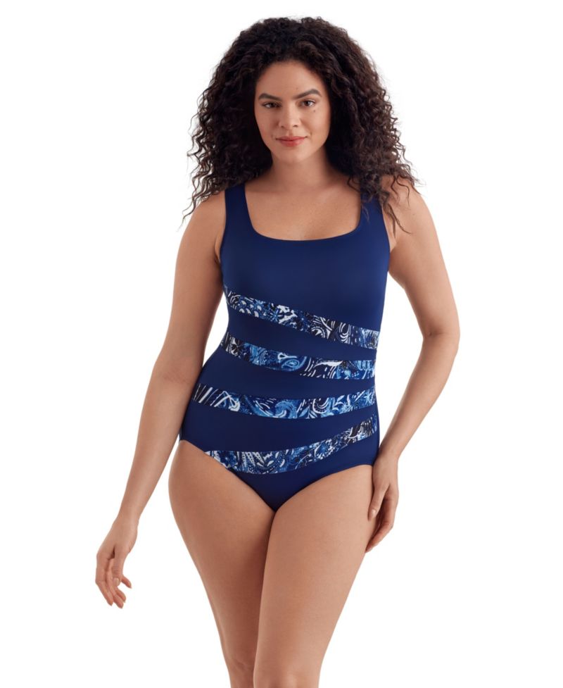 Women's Paisley Garden Fan Tank Long Torso One-Piece Swimsuit