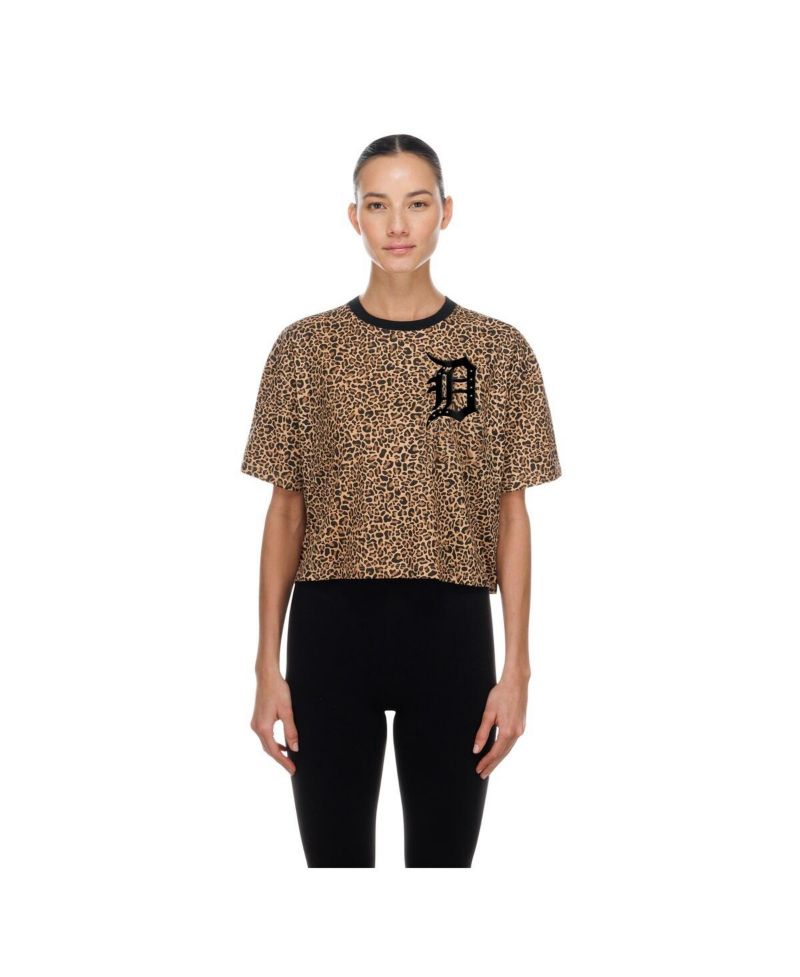 Women's Brown Detroit Tigers Leopard Boxy Cropped T-Shirt