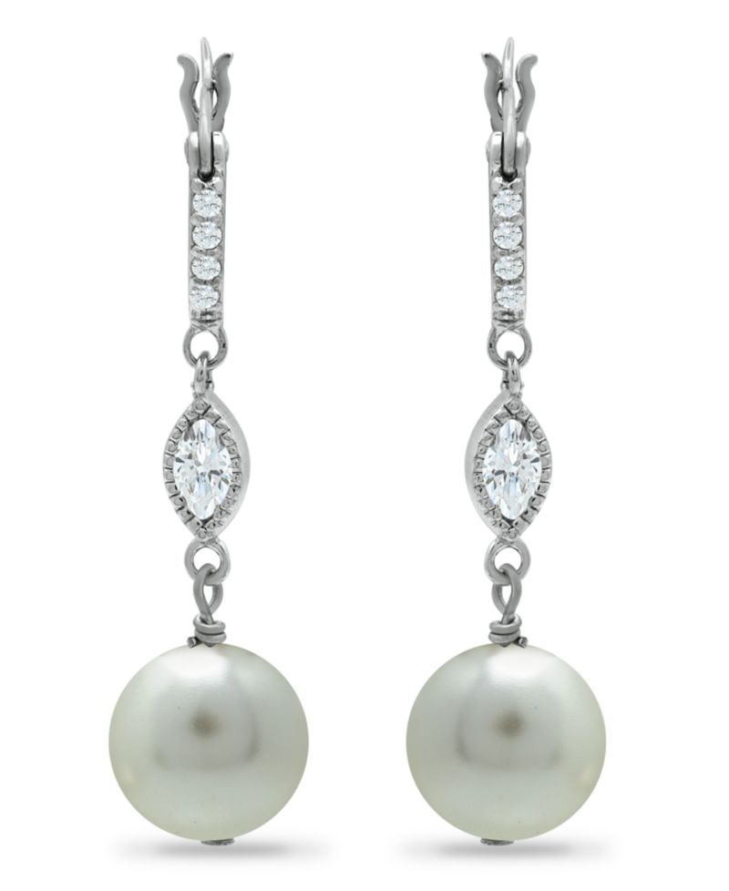 Imitation Pearl Cubic Zirconia Art Deco Linear Earrings Crafted in Silver Plate
