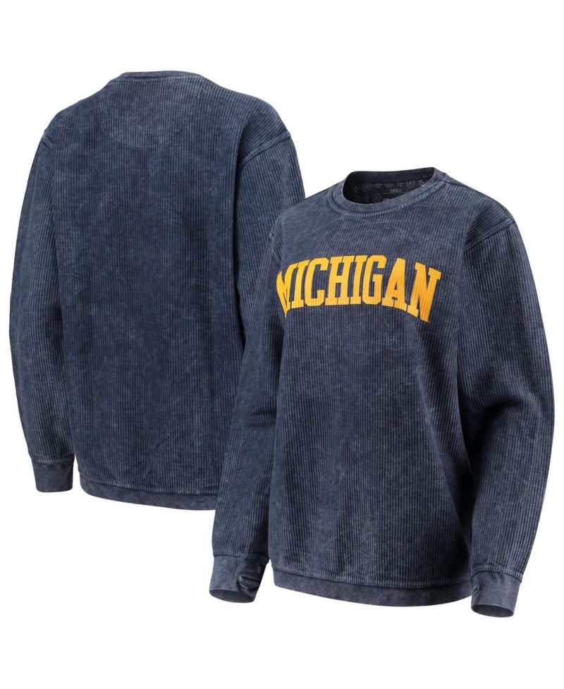 Women's Navy Distressed Michigan Wolverines Comfy Cord Vintage-Like Wash Basic Arch Pullover Sweatshirt
